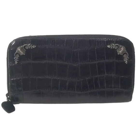 Brighton Vintage Black Leather Croc Zip Around Wallet with Silver Embellishments - Picture 1 of 14